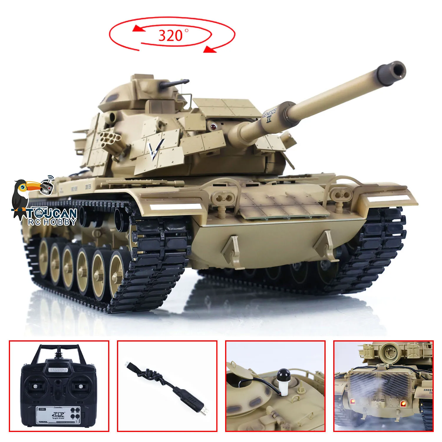 1/16 RC 전투 탱크 Tongde M60A1 ERA USA BB 슈팅 적외선 전투 장난감, RTR 320 ° 배럴 반동 연기 유닛 모델 장난감, TH23289