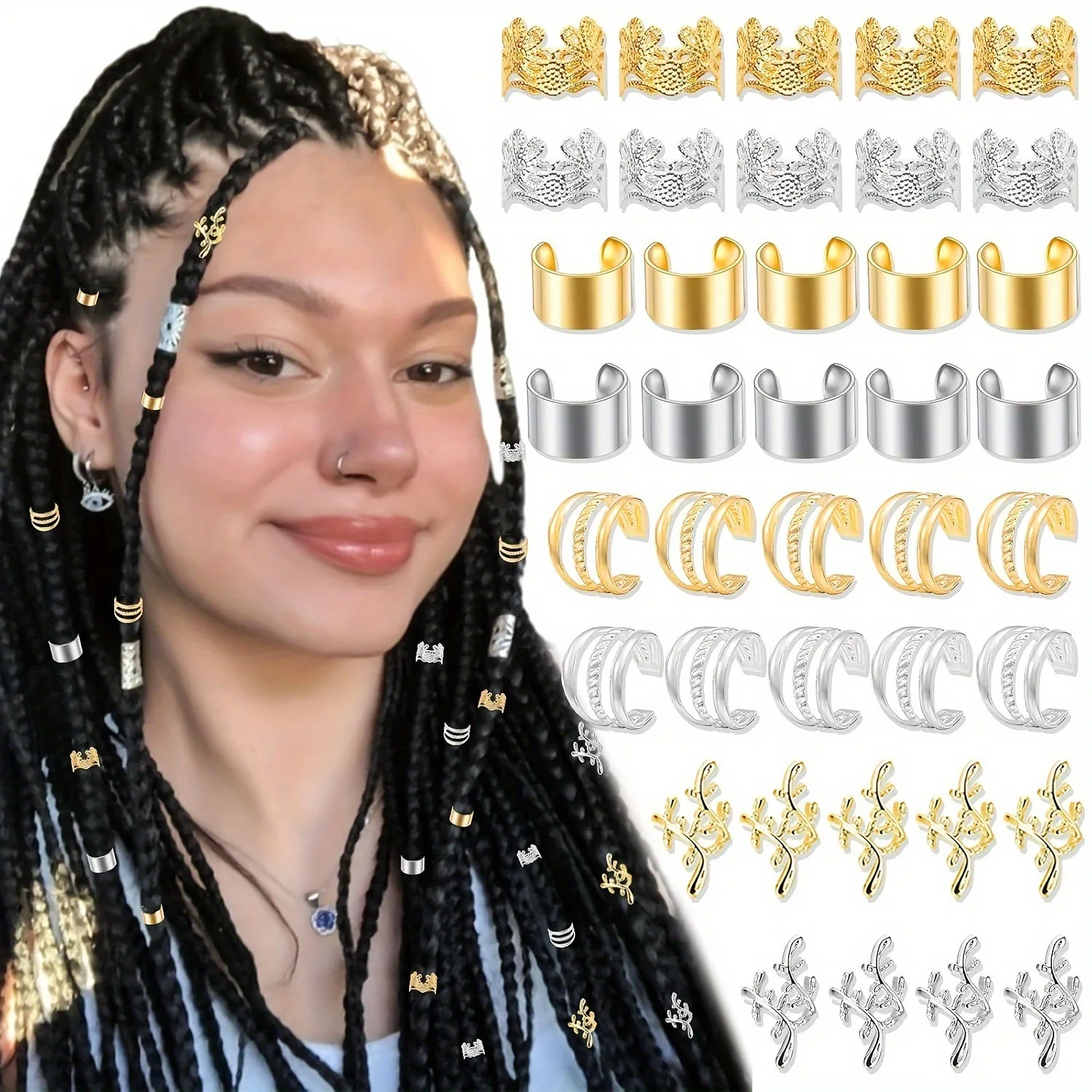 

40 Pcs Gold Silver Two Tone Braid Hair Accessory Alloy Dreadlock Decoration Metal Braid Hair Clip