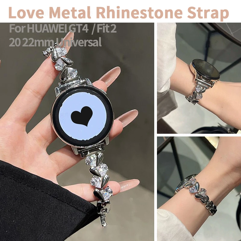 22mm 20mm Love Metal Strap for Huawei Watch GT 4 3 Pro 2 Band Women Bling Rhinestone Bracelet for Samsung Galaxy Watch 4 Classic