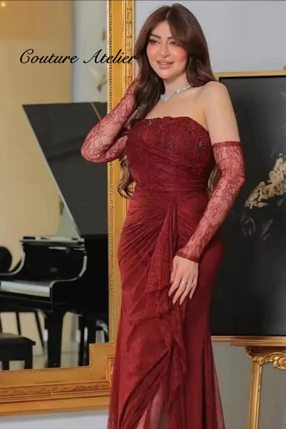 

Rust Red Lace Half Sleeve Mermaid Evening Dress for Women Wedding Strapless Arabic Formal Party Gowns Luxious Customized
