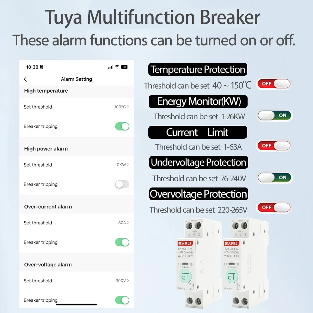 TUYA eWeLink WiFi Smart Circuit Breaker MCB 1-63A Adjustable Power Energy kWh Voltage Current Meter Protector Time Relay Switch