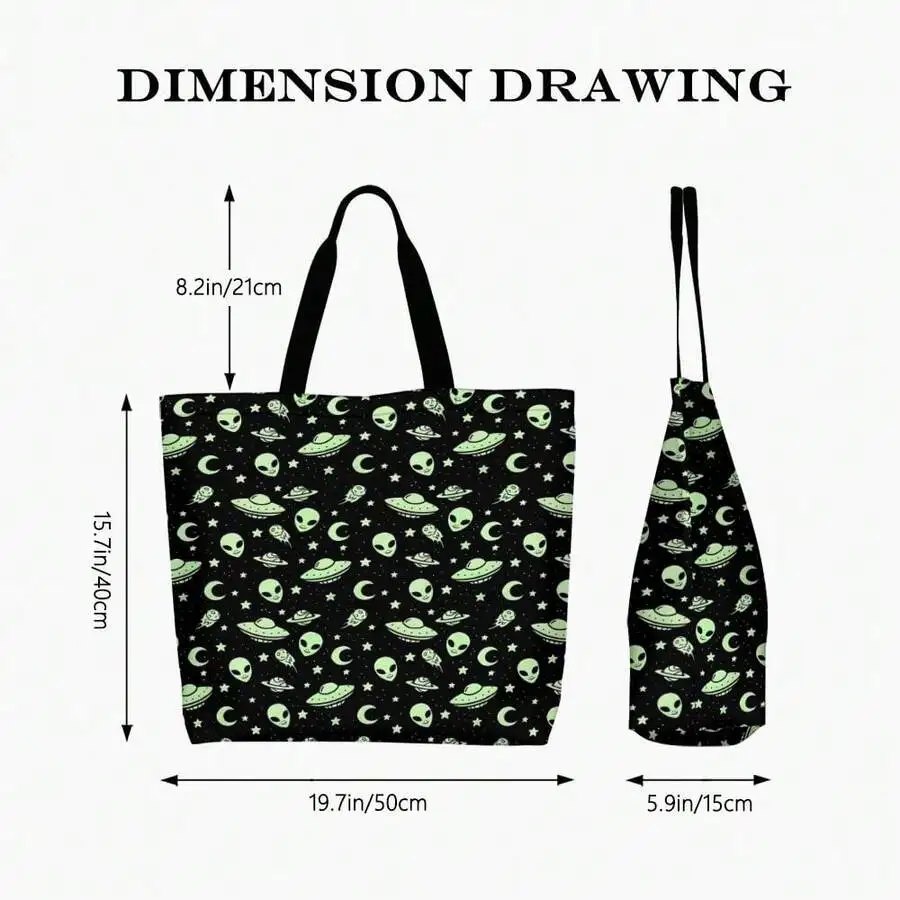 

Glow In The Dark Alien UFO Print Tote Bag Women Casual Space Theme Shopping Bag