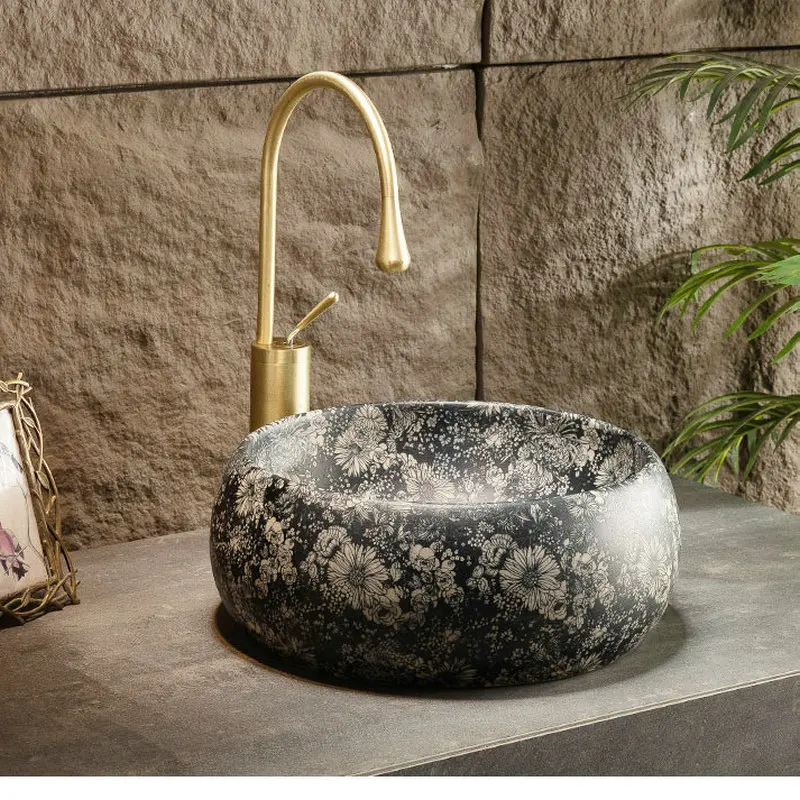 

New Chinese style high-quality round black ceramic washbasin, retro style white flower patterned ceramic art washbasin YX466MH