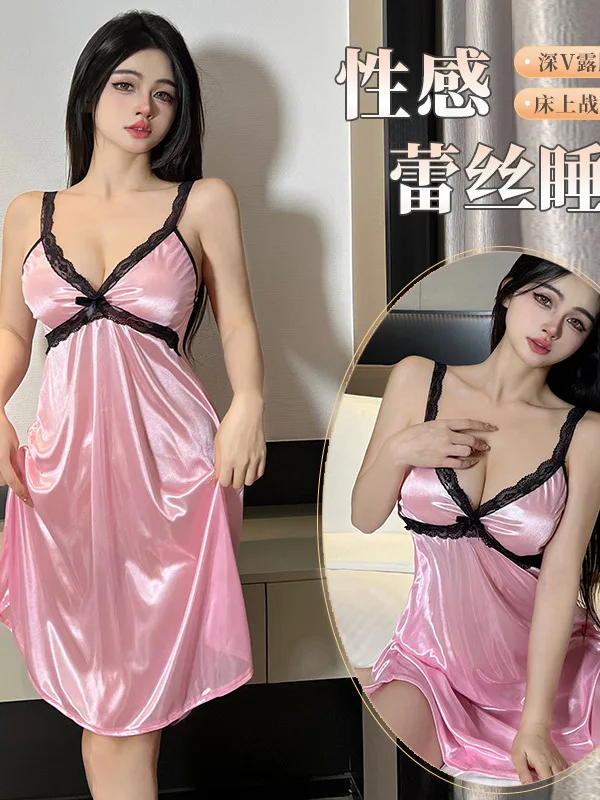 Suspender Nightgown For Summer Women, Backless, Pure Desire Thin Satin Clothes Dress Elegant Pink Sweet Korean Women F57K