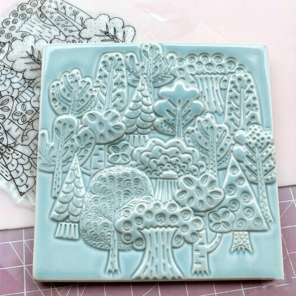 Ceramic Tile Emboss Texture Stamp Sheets Mat Cartoon Tree Pattern Polymer Clay DIY Design Embossing Art Pottery Tools Supply