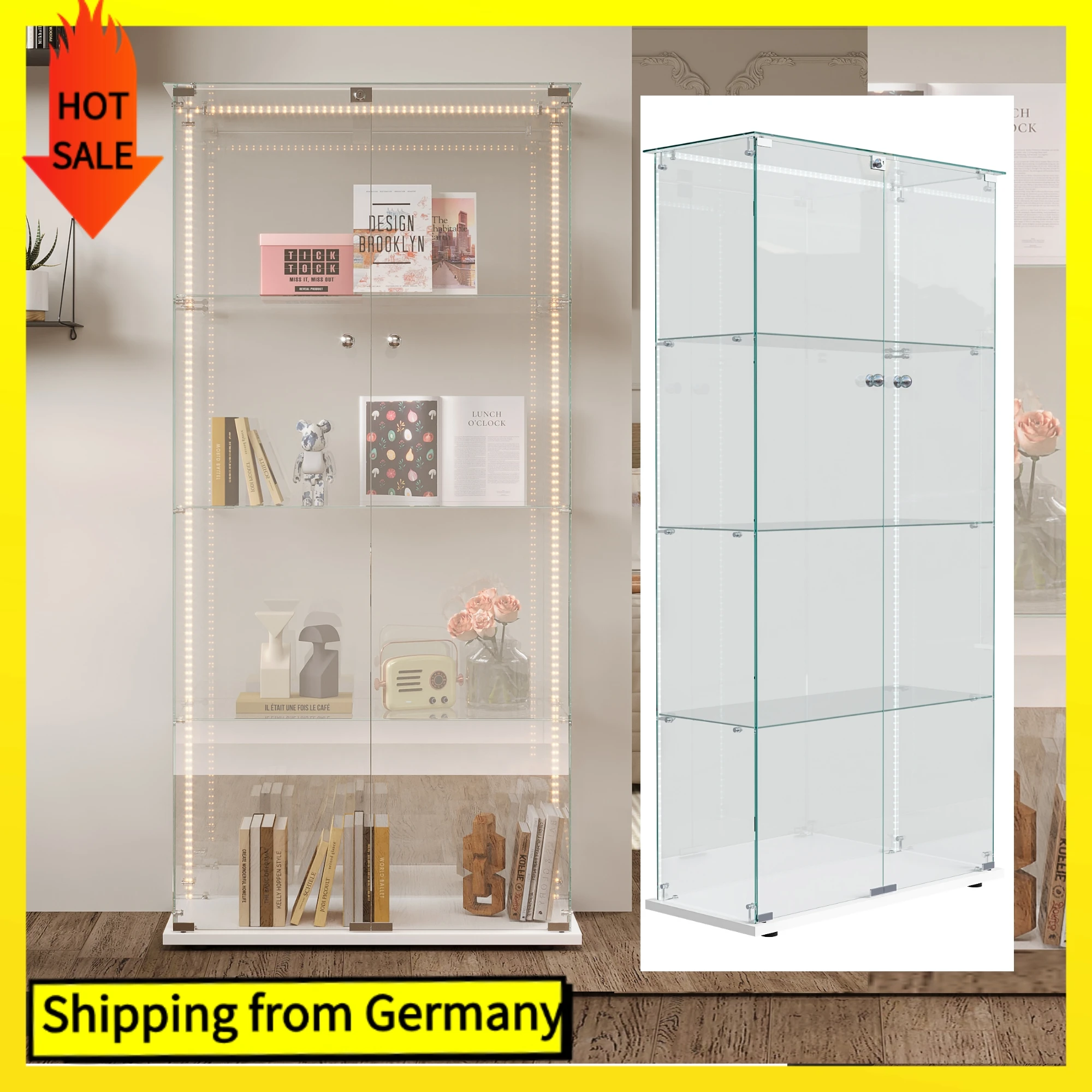 Vetrina a LED Comanlai, vetrina in vetro a 4 ripiani con luci LED multicolori e anta con serratura, 78,5x35x163 cm