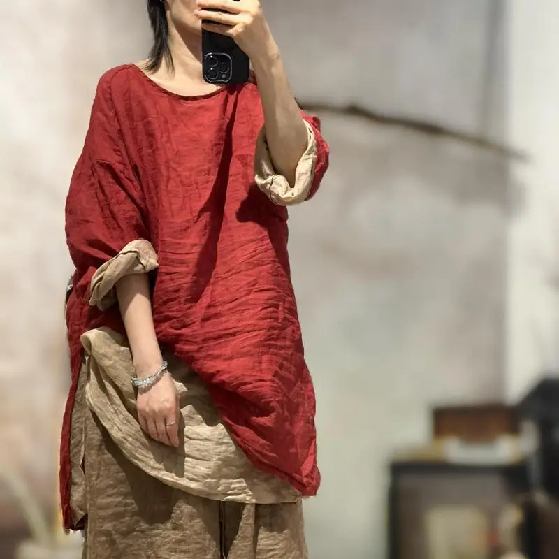 

New Spring Summer Arts Style Women Long Sleeve O-neck Loose Tshirt High Quality Solid Cotton Linen Long Tee Shirt Femme Tops N60