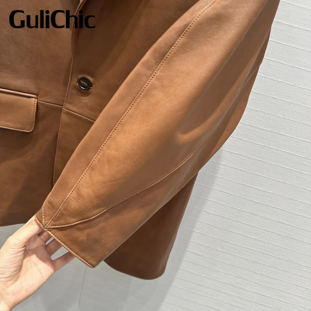 7.20 GuliChic Vintage Genuinr Leather Blazer For Women Turn-Down Collar Single Button Loose Temperament Jacket Coat