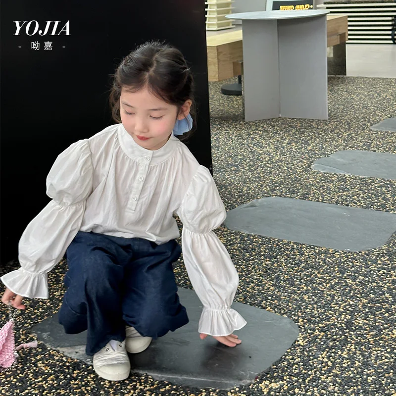 

Girls Shirt 2025 Spring New Korean Fashion Casual Solid Color Bubble Sleeve Shirt Kids Clothes Girls
