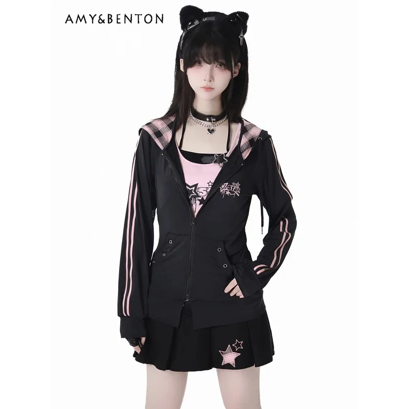 25COSSummer New Spice Girl Nero e Rosa Splicing Y2K Abiti Dolce Halter Slim Bretella Plaid Splicing Gonna a pieghe Due pezzi