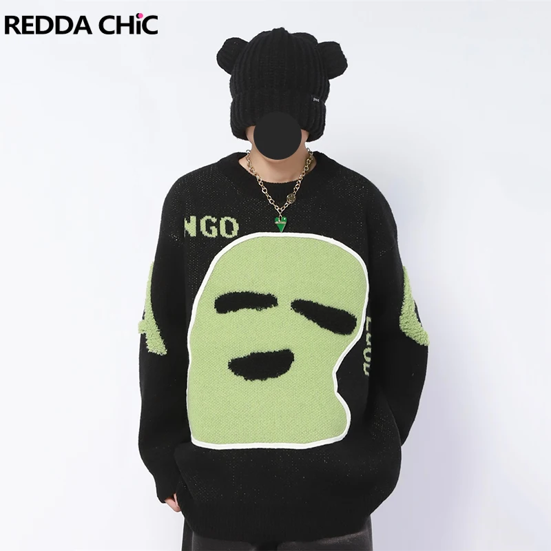 

REDDACHIC Cute Ghost Pullover Sweater Men Flocked Letter Loose Fit Casual Crew Neck Long Sleeve Knit Jumper Top Winter Clothes