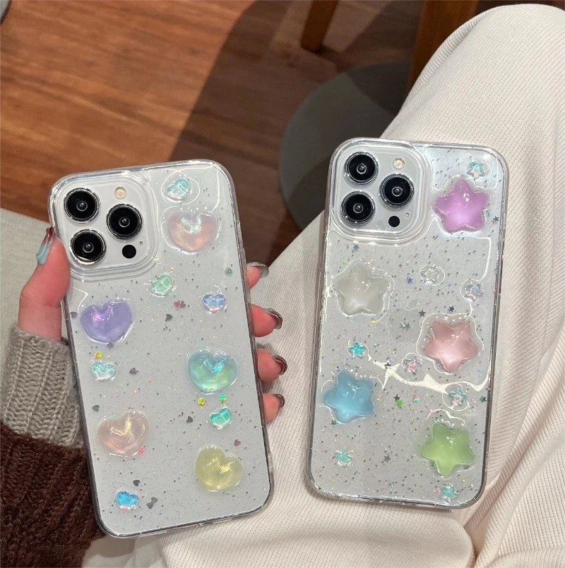 Transparent Bling Cute Color 3D love Stars Phone Case for Iphone 14 13 12 11 15 Night Light Luminous TPU Drop Glue Glowing Cover