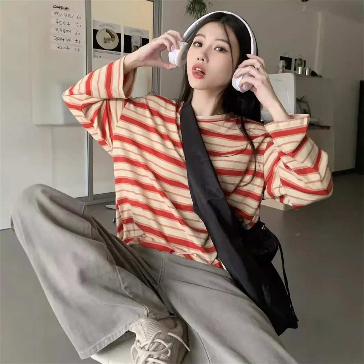 Y2k Long Sleeve Sweatshirt Korean Fashion Striped T Shirt Patchwork Harajuku Streetwear Pullovers Gothic Tops Women's Clothing