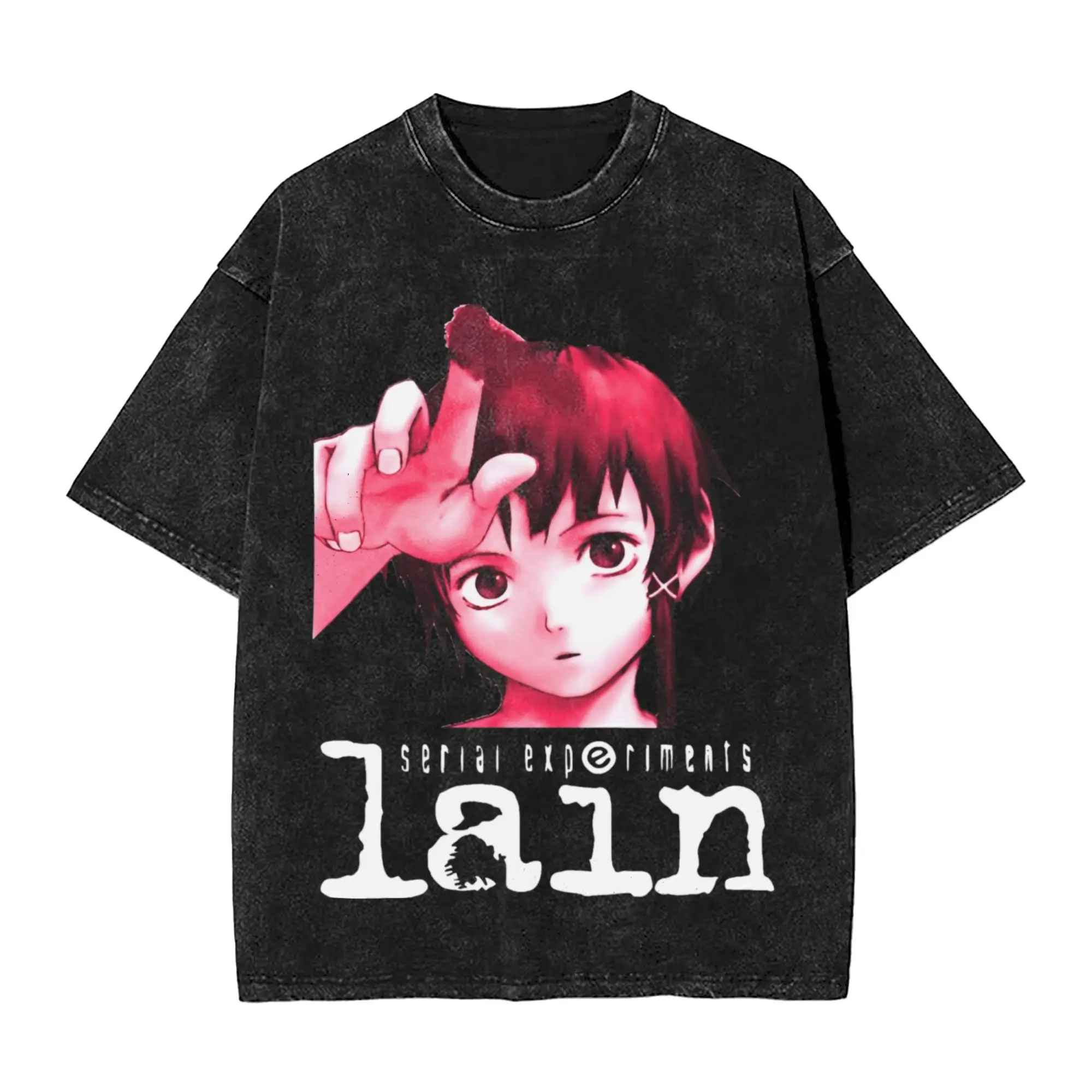 Washed Vintage Anime Serial Experiments Lain Print T-shirts Men's Women Hip Hop Retro Oversized Short Sleeve T Shirt Y2K Clothes