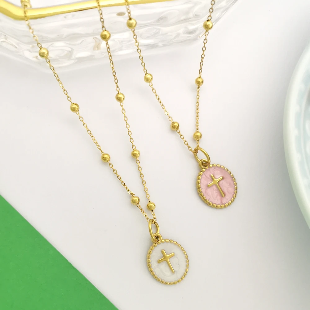 

Oval Cross Pendant Necklace Stainless Steel Women Choker Beads Chain Blue Pink White Gold Color Waterproof Wholesale QMHJE