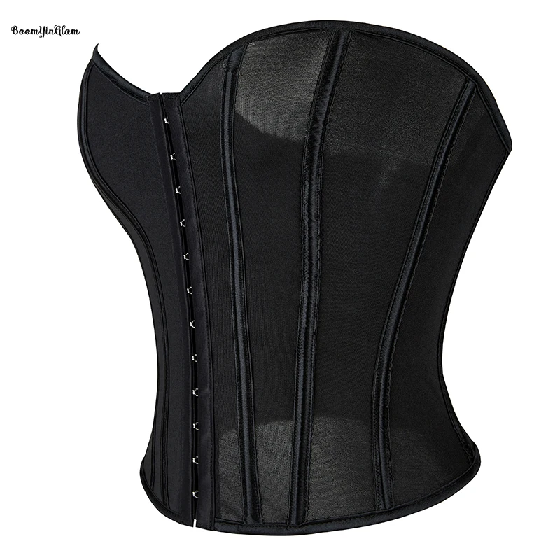 

14 Glue Bones Women See Through Waist Trainer Bustier Strapless Mesh Hem Corset Crop Top With Front Hook Adjustable