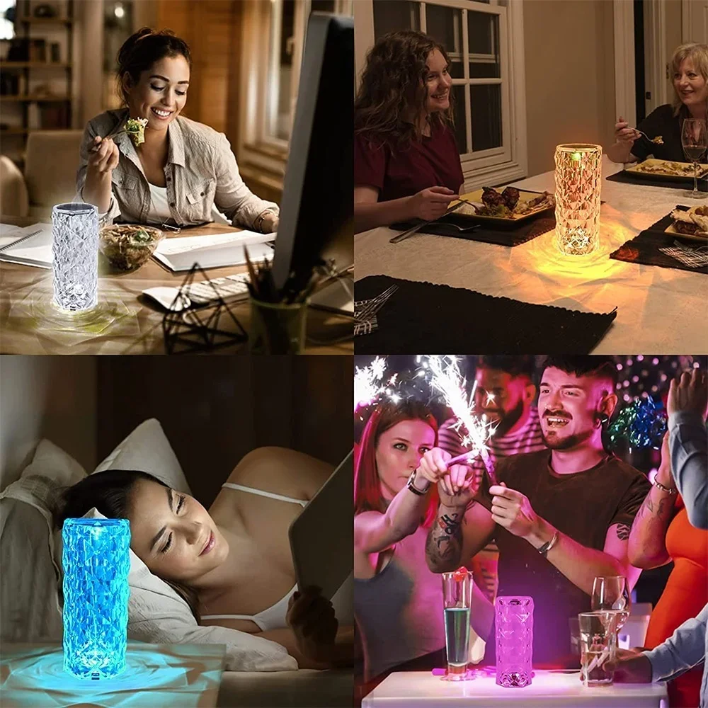 Lámpara LED de mesa de cristal, proyector de luz rosa de 3/16 colores, táctil, ajustable, luz de ambiente de diamante romántico, luz nocturna táctil USB