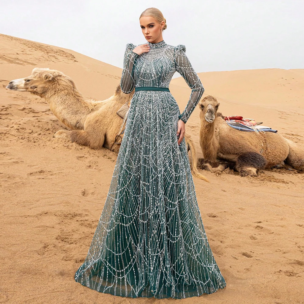 Elegant Muslim Pearls Beads Evening Dress for Women 2026 High Neck Long Sleeves Aline Formal Prom Wedding Party Gowns Customized