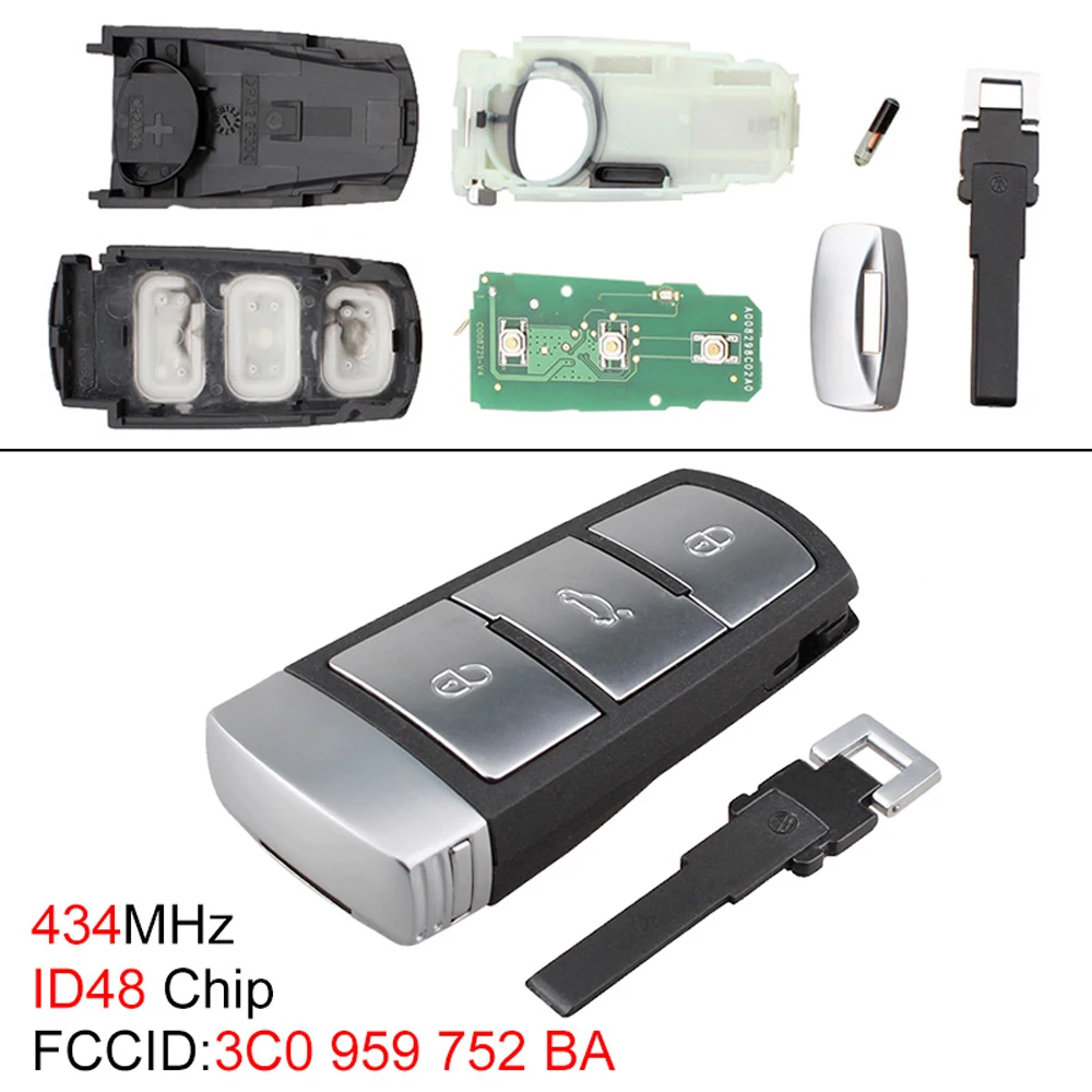 

434MHz 3 Button Car Key Fob Shell 3C0959752BA Keyless Smart Remote Key Case Fit for VW Passat Magotan CC 2006-2011 ID48 Chip