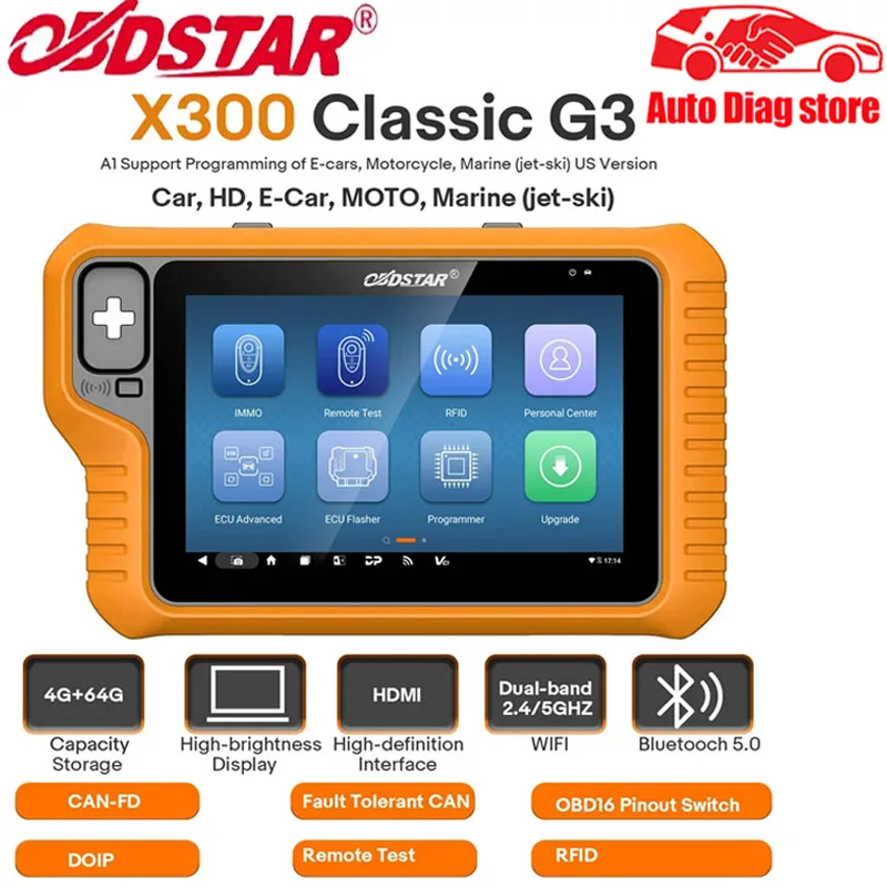 

OBDSTAR X300 Classic G3 A1+A2 Key Programmer with Built-in CAN FD DoIP Support Car/ HD/ E-Car/ Motorcycles/ Jet Ski Get Free Key