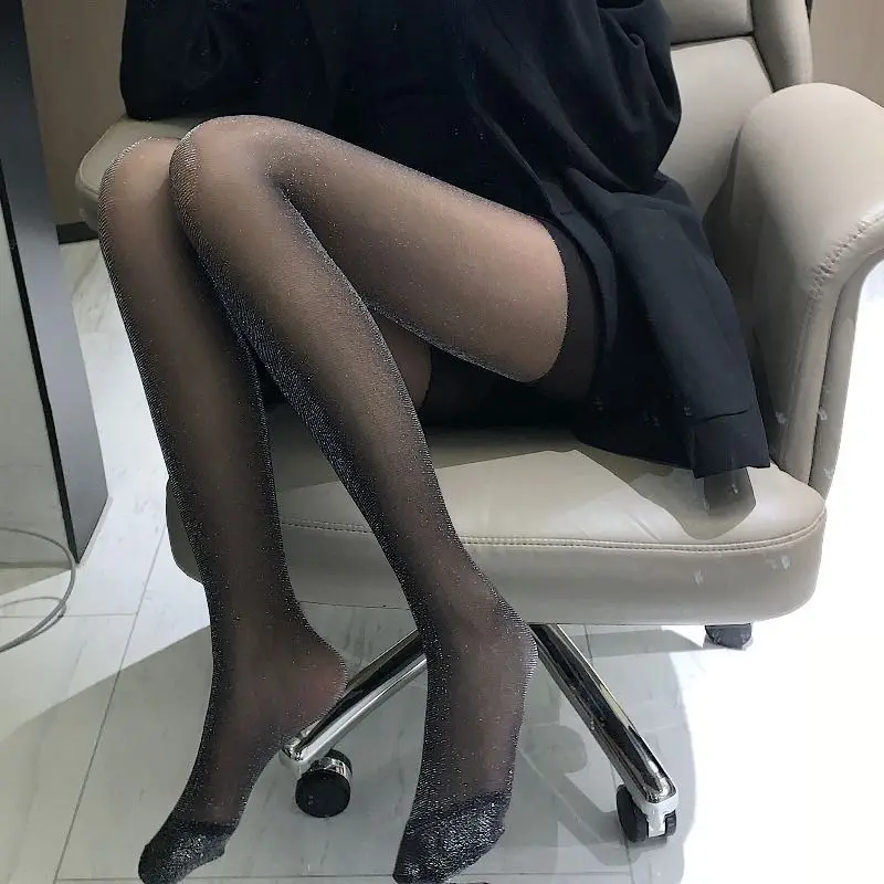 Black Silk Stockings Women's Spring and Autumn Thin Anti Hook Silver Silk Sexy Bright Silk Flash Bottomed Jumpsuit Socks Summer