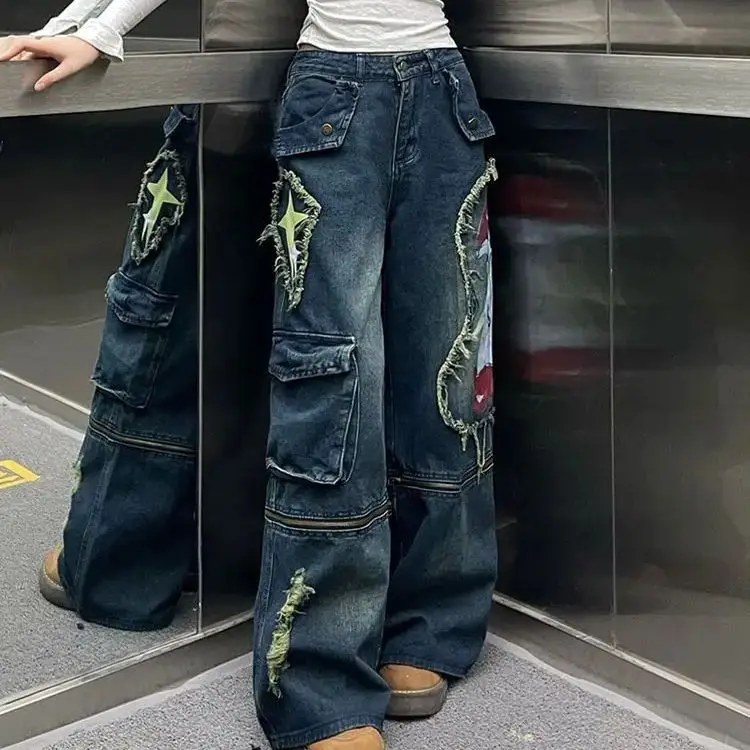 American Heavy Industry Removable Two-Wear Work Pants Women'S 2025 Spring New Hot Girls Graffiti Printed Floor Wide Leg Pants