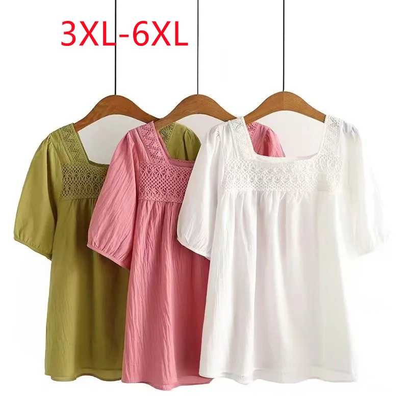 

Large Womens 2022 summer New Fashion Square Neck Lace bubble sleeve Plus Size baby shirt 3XL 4XL 5XL 6xl