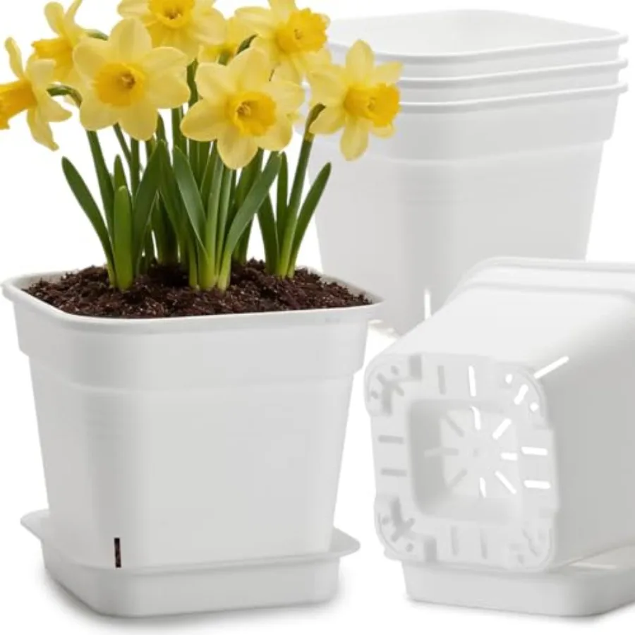 

Квадратные горшки для растений 10 дюймов с поддонами - Набор из 5 больших пластиковых кашпо с центральным отверстием для воздухопроницаемости и угловыми вентиляционными отверстиями - Усиленные, для тяжелых условий эксплуатации