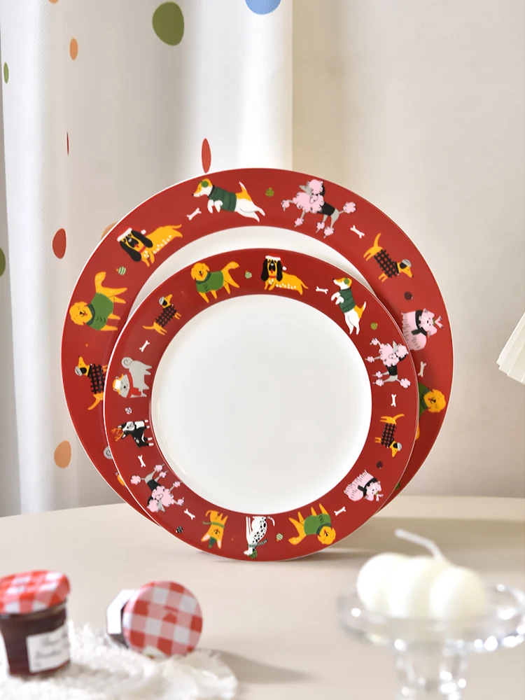 Cute cartoon dog ceramic flat dessert plate breakfast plate high temperature resistant afternoon tea plate