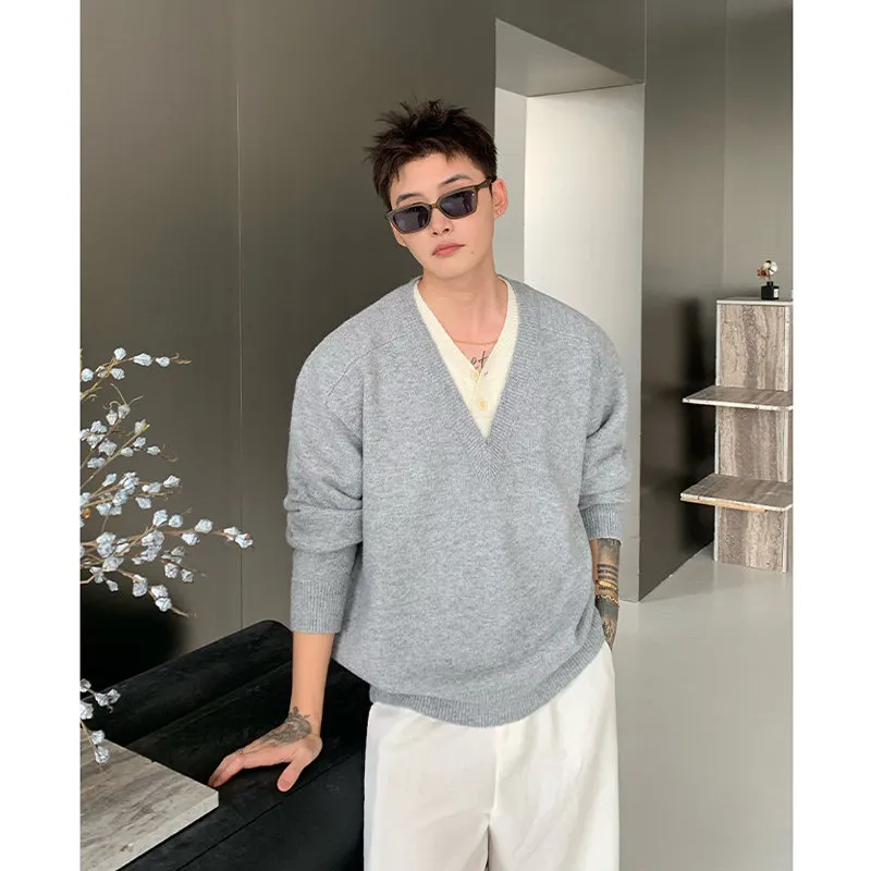 Fake two-piece sweater men's spring and autumn heavy loose lazy wind V-neck pure cashmere sweater