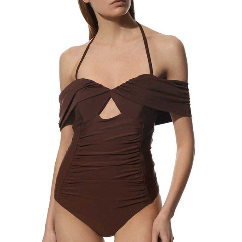 2023 New Brown Printing Simple And Fashionable Swimwear One-Piece Swimsuit Sling-Style Slim Gather Bikini High Waist Beachwear