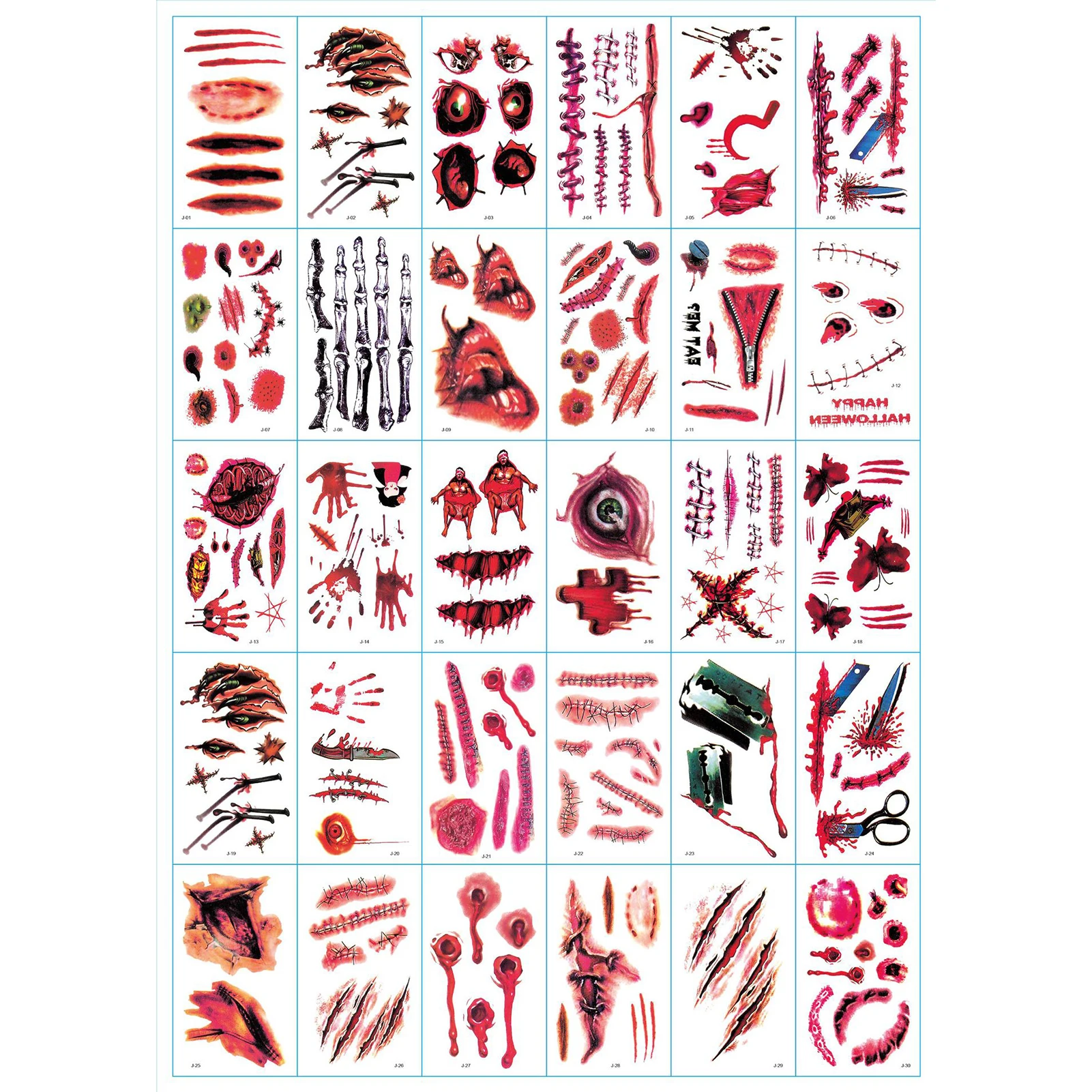 30 ورقة من ملصقات وشم الجرح الدموي للهالوين، ملصق غير منتظم لمحاكاة طويلة الأمد لملحقات مكياج الهالوين #6