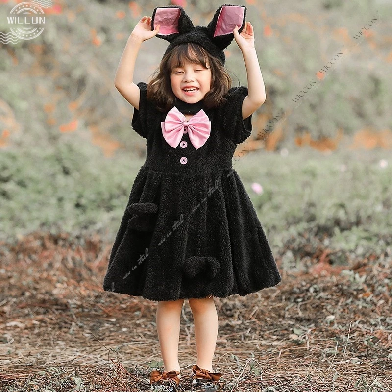 Traje de halloween para crianças palco jogar traje branco coelho bonito com um vestido de princesa branco preto vermelho festa de halloween