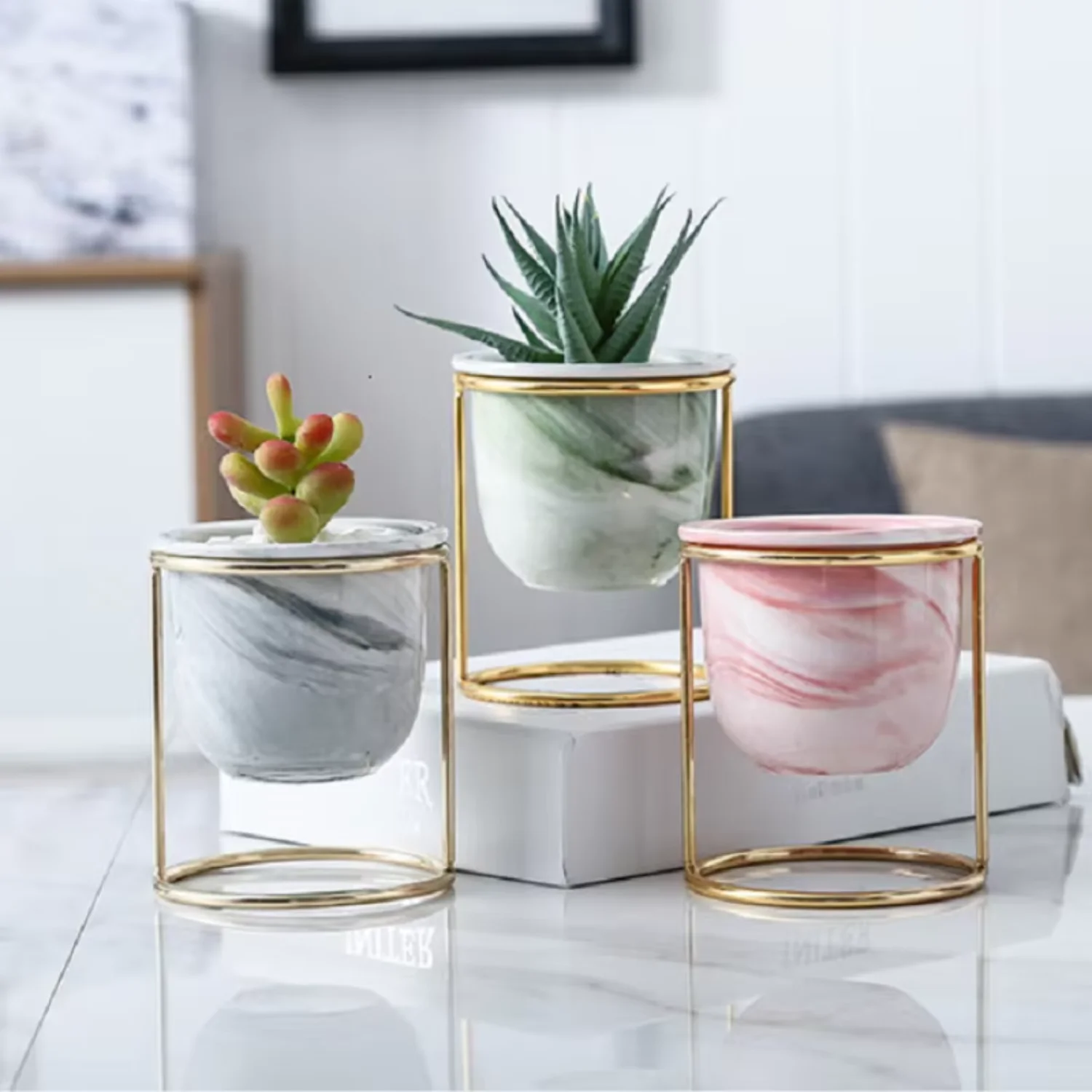 Nordic  succulent marble pot Indoor Decor ceramic flower plant pots with  iron frame Strawberry pot Pots Plant accessories Groot