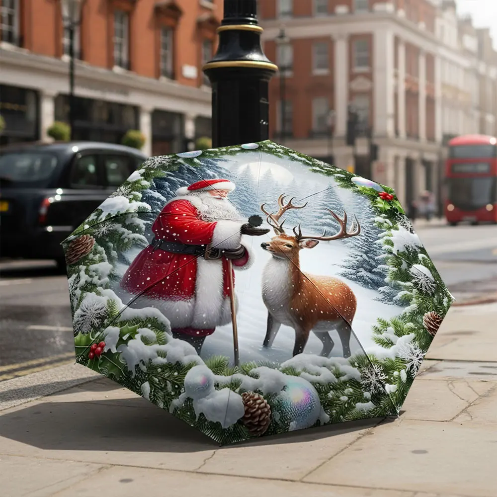 1P C Christmas-Themed Umbrella with Santa and Reindeer Design Print 8 Iron Ribs Folding Umbrella Auto-Open Fashion Sunshade