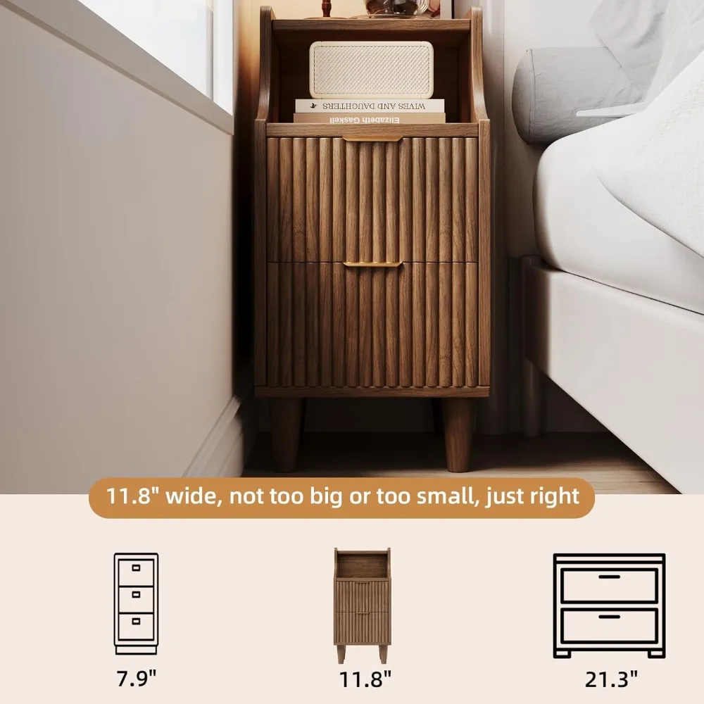 

Narrow Nightstand Set of 2,11.8" Fluted Bedside Table Set of 2, Slim Side End Table with 2 Drawers, Wooden Bedside, Customized