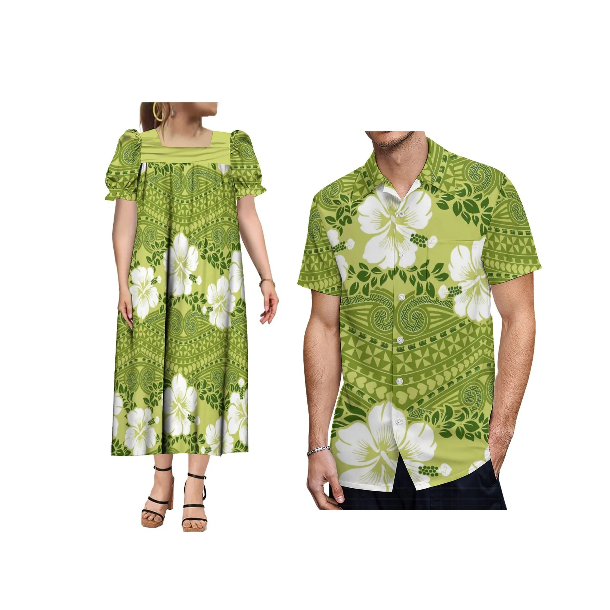 Customized Polynesian Design Micronesia Mumu And Mens Shirts  Puffy Dresses Women Couples Matching Outfits