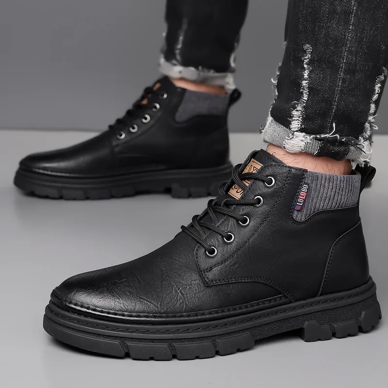Modische Herren-Winter-High-Top-Schnürstiefel, mit Thermo gefüttert, warmes Leder, Freizeitschuhe, wasserdichte Outdoor-Stiefeletten mit Plateausohle
