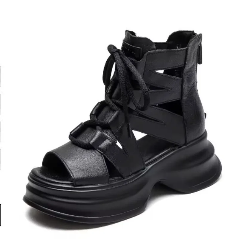 

6cm Women Gladiator Sandals Summer Hollow Out Genuine Leather Open Toed Thick Heel Platform Back Zipper Cool Boots Lady