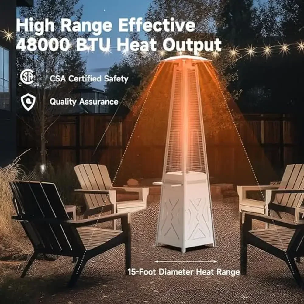 Portable Pyramid Patio Heater with 48,000 BTU Output Coffee Rack and Safety Features