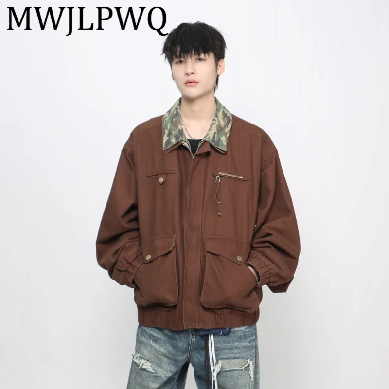 

MWJLPWQ American Fake Two-Piece Camouflage Cargo Jacket Men's Trendy Casual Turn-Down Collar Large Pocket Coat Street New 21124