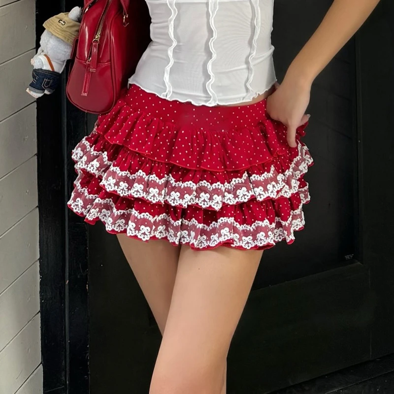 Korean Kawaii Lace Trim Multi-layers Mini Skirt Cute Low Rise Tiered Ruffle Bloomers Skirt Y2k Japanese Lolita A-line Skirt