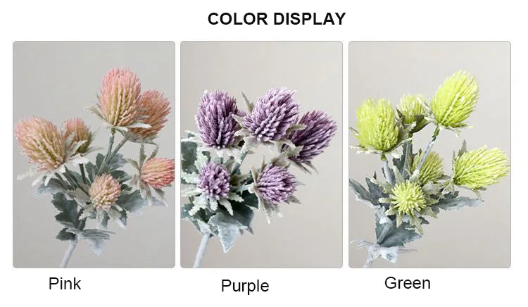 5 Stück beflockte 6-köpfige Eryngium-Wildfrucht-Andornblumen, künstliche Hochzeitsblumenarrangements, Zubehör für Blumensträuße, Heim- und Partydekoration – Detail 4