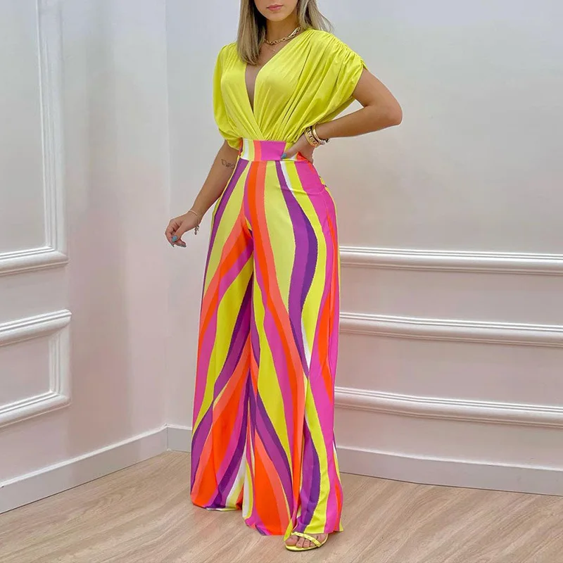 2024 Summer Printed Outfits Two Piece Jumpsuit Set Elegant V-neck Wide-leg Femme Jumpsuits for Women Bohemian Clothes