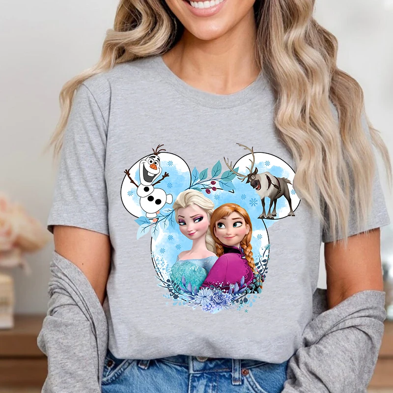 Disney Frozen Elsa and Anna Printed Women's T-Shirt Pure Cotton Short Sleeve Loose Top Casual Women's Clothing