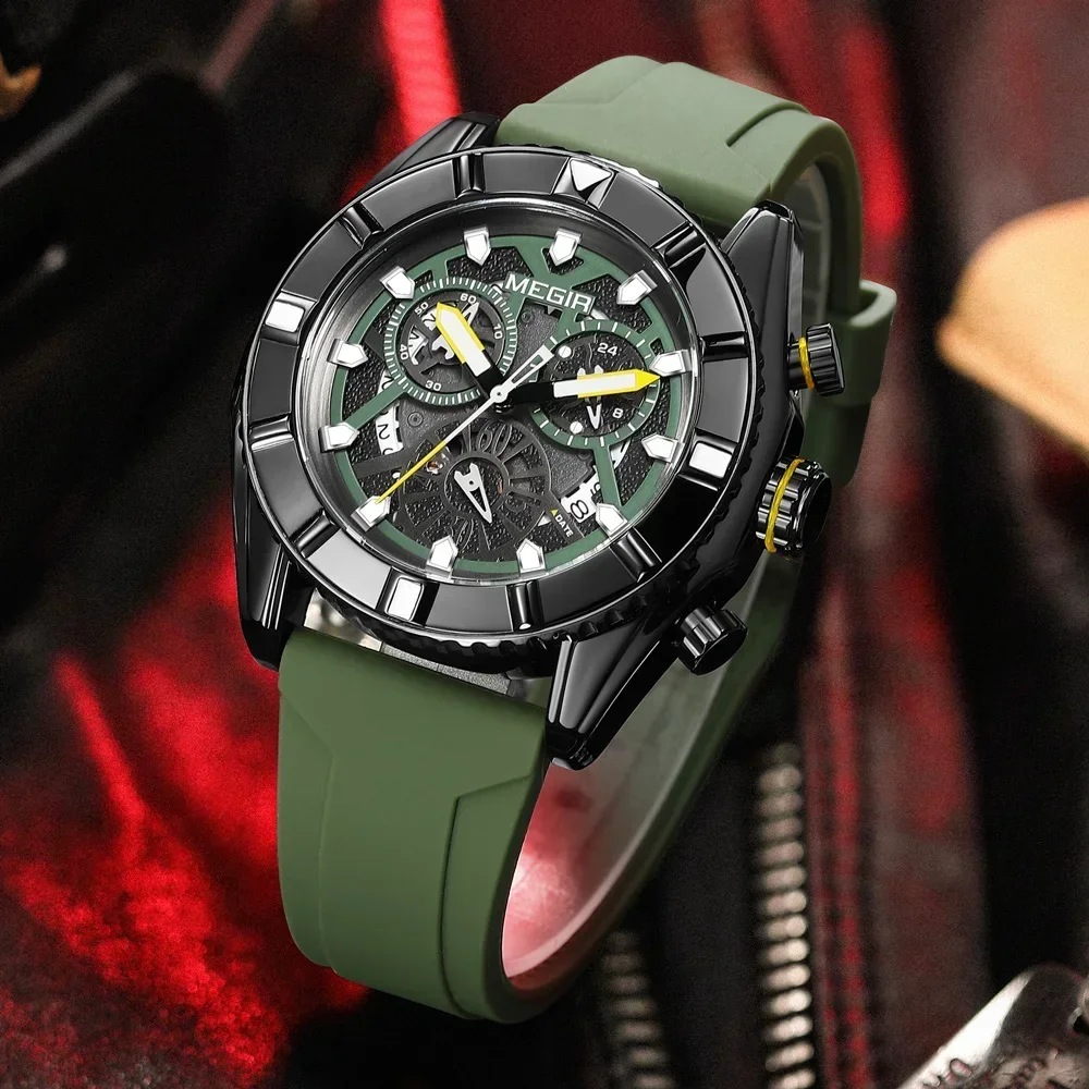 MEGIR Chronograph Quartz Watch Men Subdial Hands ArmyGreen Silicone Sport Watches For Men's Military Waterproof Luminous Clock