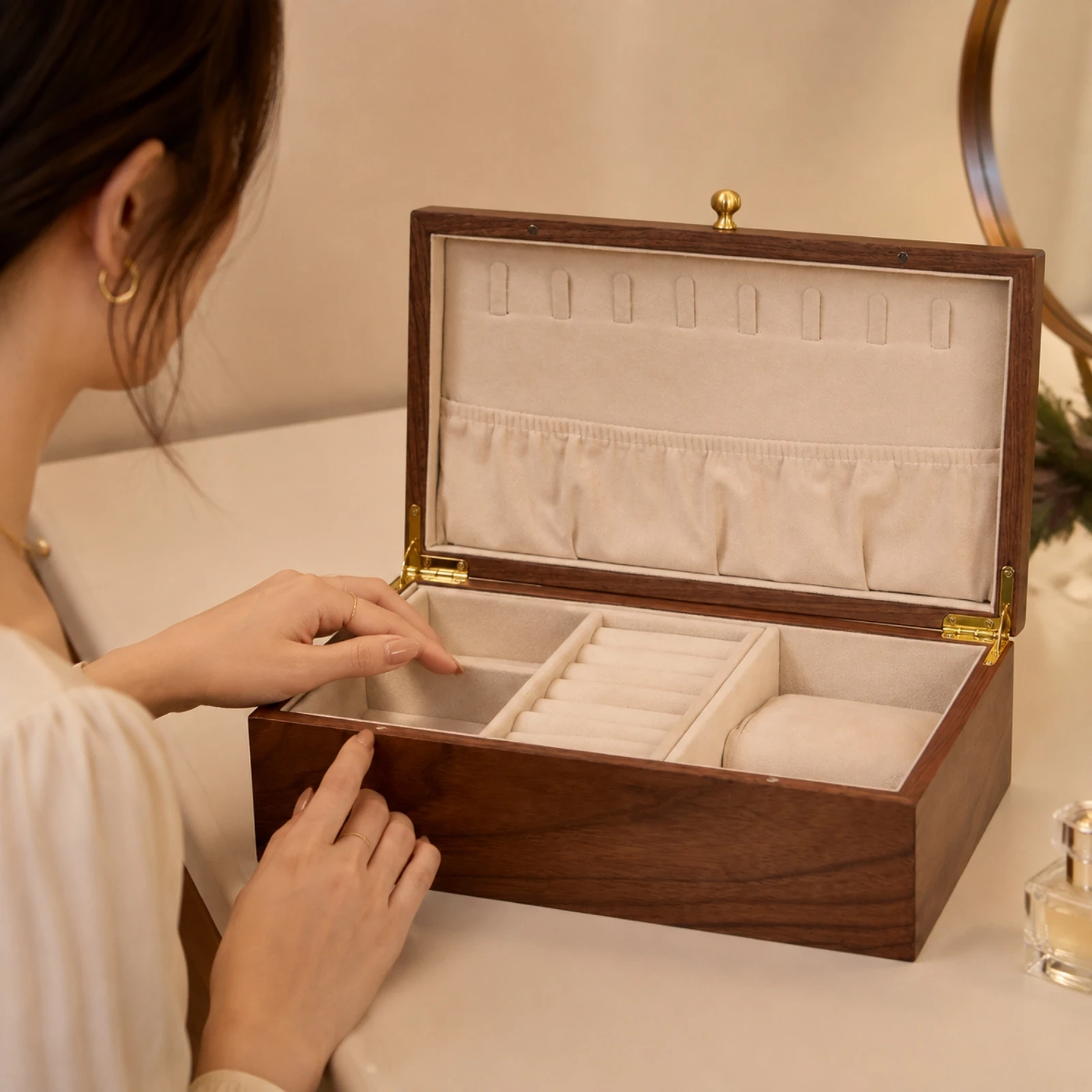 Walnut-Toned Jewelry Box with Fabric Sporty Compact Tabletop Jewelry Box with Hinged Lid Spacious Handmade for Bedroom
