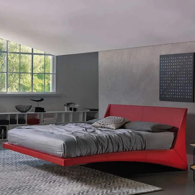 Light luxury Italian suspension bed designer suspended leather large flat curved leather bed master bedroom double bed modern