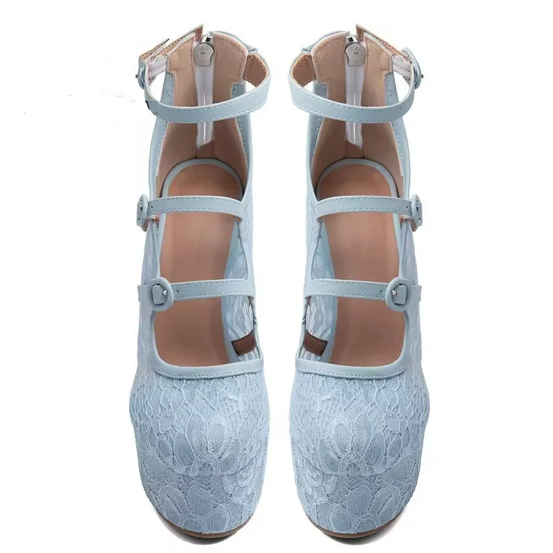 DIZHUANG Sexy women's high heels. Light blue mesh single shoes About 15cm heel height Round toe shoes Buckle shoes Summer shoes - view 4