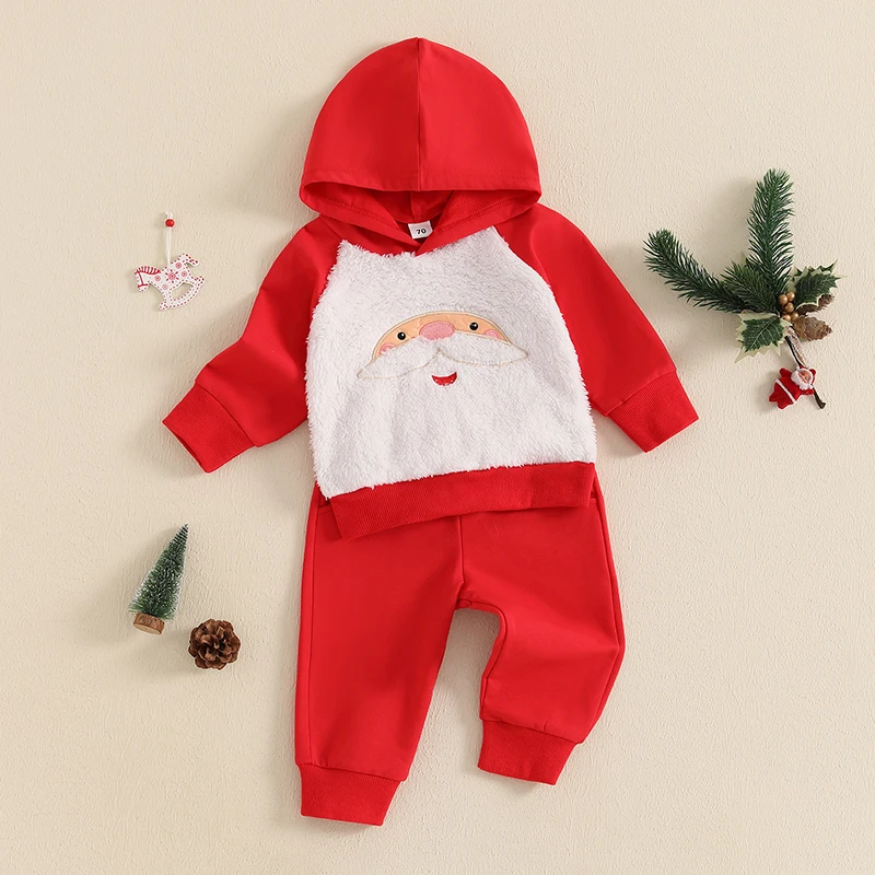 Toddler Boys Girls Christmas Outfits Santa Embroidery Long Sleeve Hoodie with Elastic Waist Pants 2Pcs Tracksuits